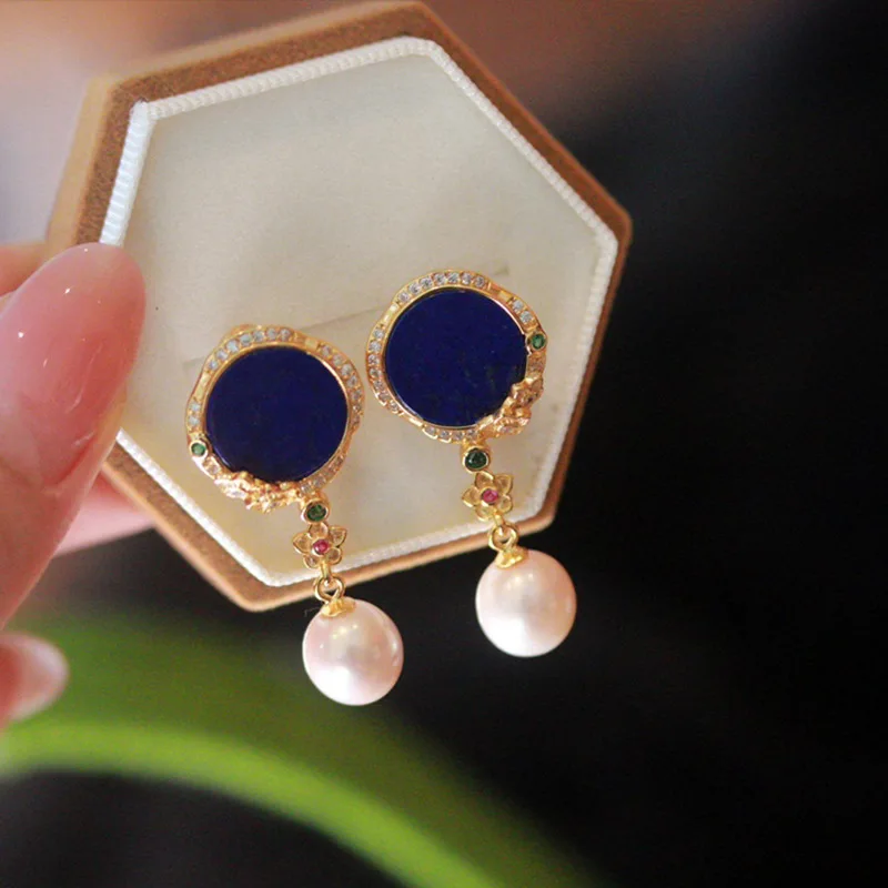 

Серьги из натурального лазурита, соответствующие пресноводным жемчугом, стерлинговое серебро S925, позолоченные винтажные серьги