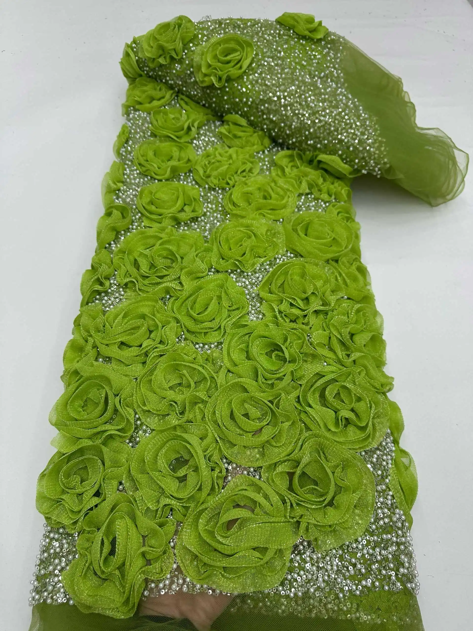 

Green 3D Flower Lace Fabric Beaded Lace Fabrics African Fabric Lace High Quality 2026 French Mesh With Sequence For Sewing