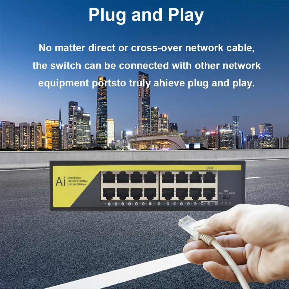 16 Port 48V POE Network Switch 10 100Mbps Ethernet Siwtch with UPLINK Port Support VLAN 250Meter Extend for AP Router IP Cameras