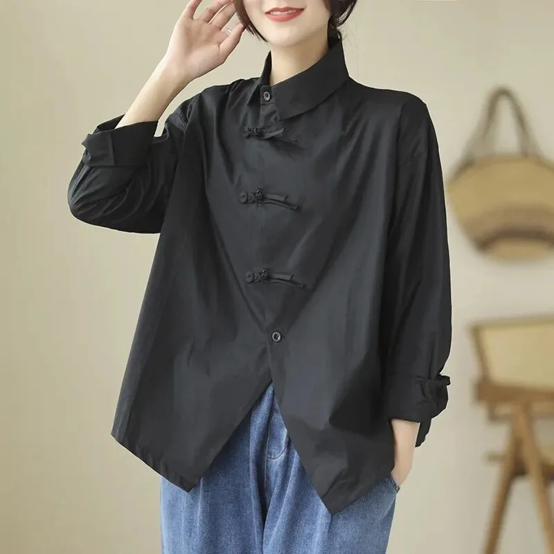 

Spring and Autumn Style Literary Retro Slanted Placket Buckle Loose Slim Long Sleeve Pure Cotton Slit Design