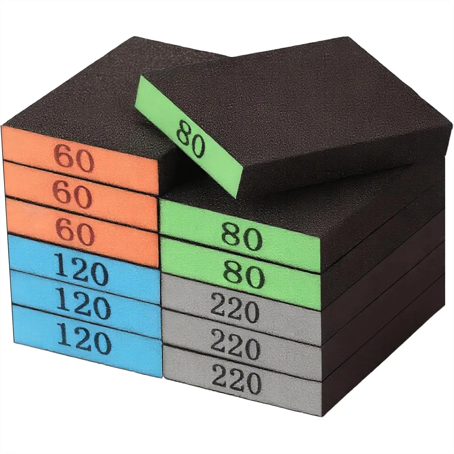 

Sanding Block 12 Pack with 60/80/120/220 Grit, Washable and Reusable for Wood Furniture and Drywall Repair
