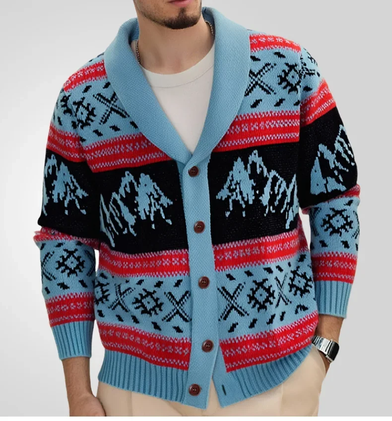Новый мужской повседневный свитер, осенне-зимний вязаный кардиган с воротником с лацканами, жаккардовый свитер с длинными рукавами, куртка, одежда Мужской свитер