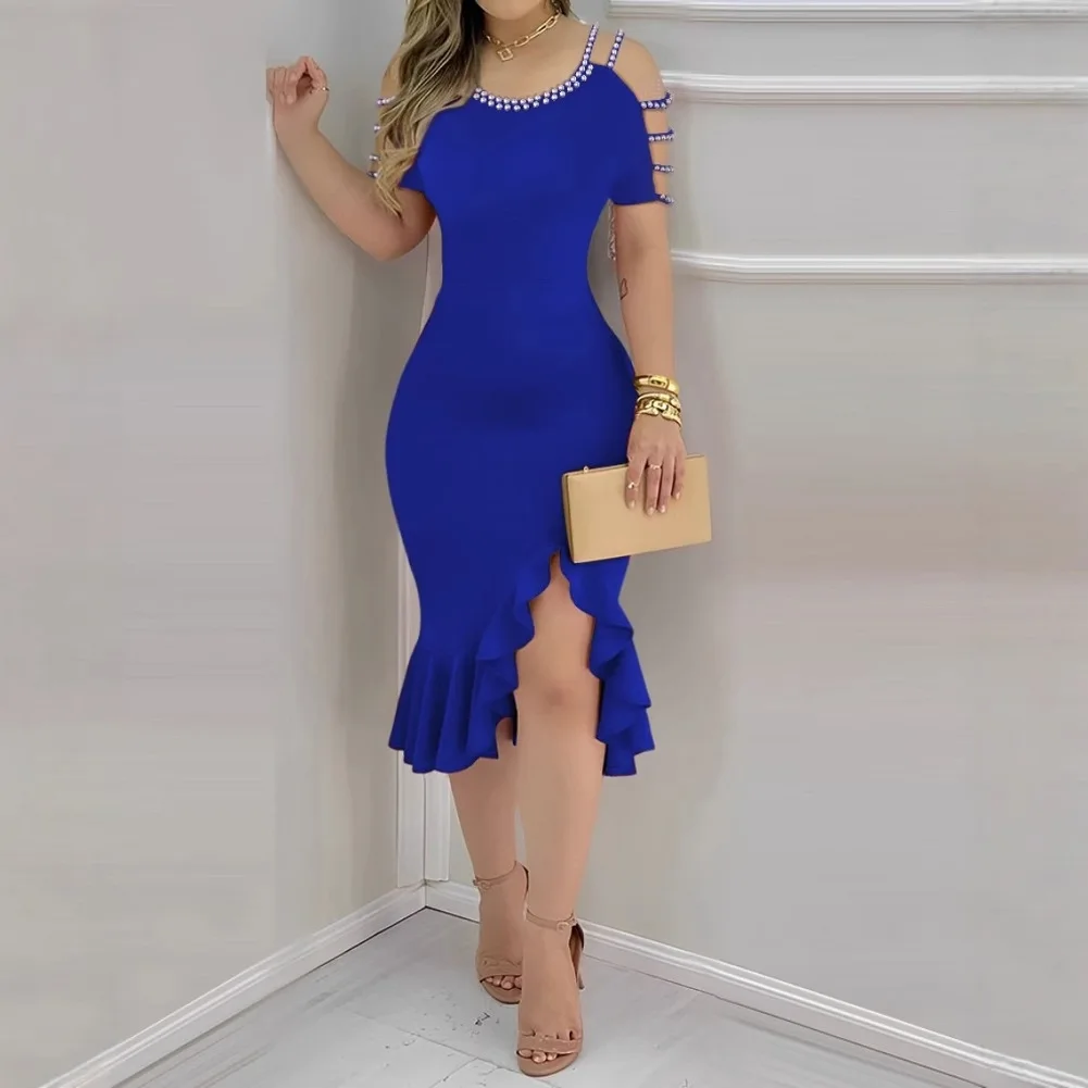 Sexy Off The Shoulder Women's Slim Midi Dress 2024 Fashion Ruffles Slit Short Sleeve Bodycon Party Dresses Elegant