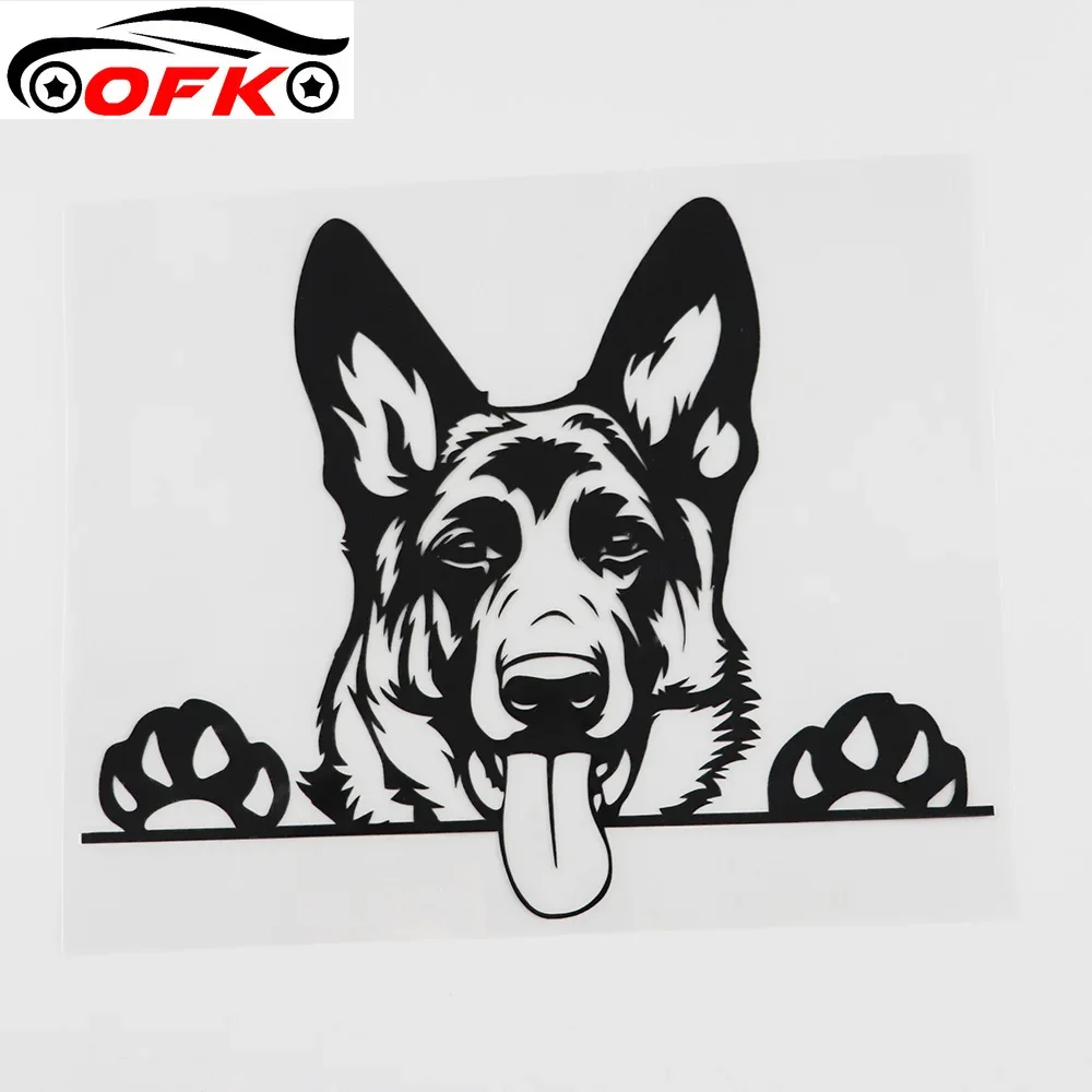 OFK  Cartoon German Shepherd Dog Peeking PVC Car Sticker Black/Silver 17.5CM*14.1CM