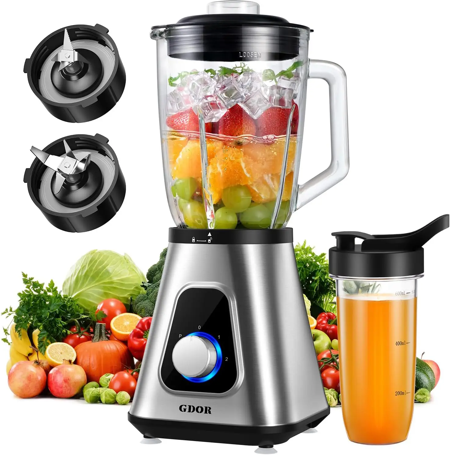 1200W 2-in-1 Mixer-Kombi: 52oz Glasbehälter & 22oz Reisebecher, 6-Klingen-System für Smoothies, Gefrorene Getränke, Selbstreinigend