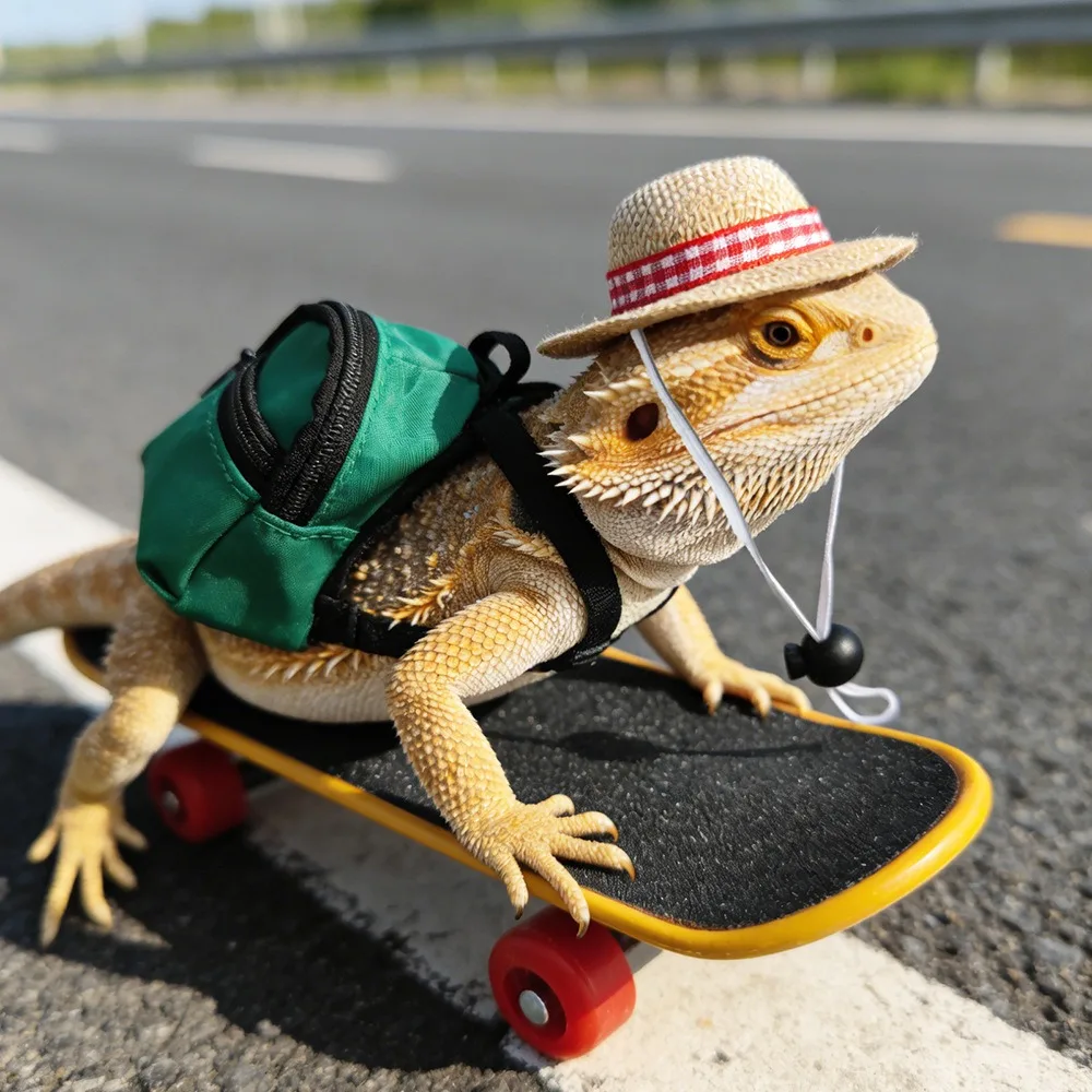 Set de Mini Patineta para Dragón Barbudo con Sombrero y Mochila, Juguete para Lagarto Reptil, Mascota Exótica Pogona Vitticeps, Accesorios para Fotografía