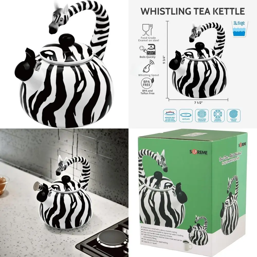 

Enamel Steel Whistling Tea Kettle with Zebra Design, Cute Aesthetic for Kitchen, Supreme Quality Teapot Water Kettle