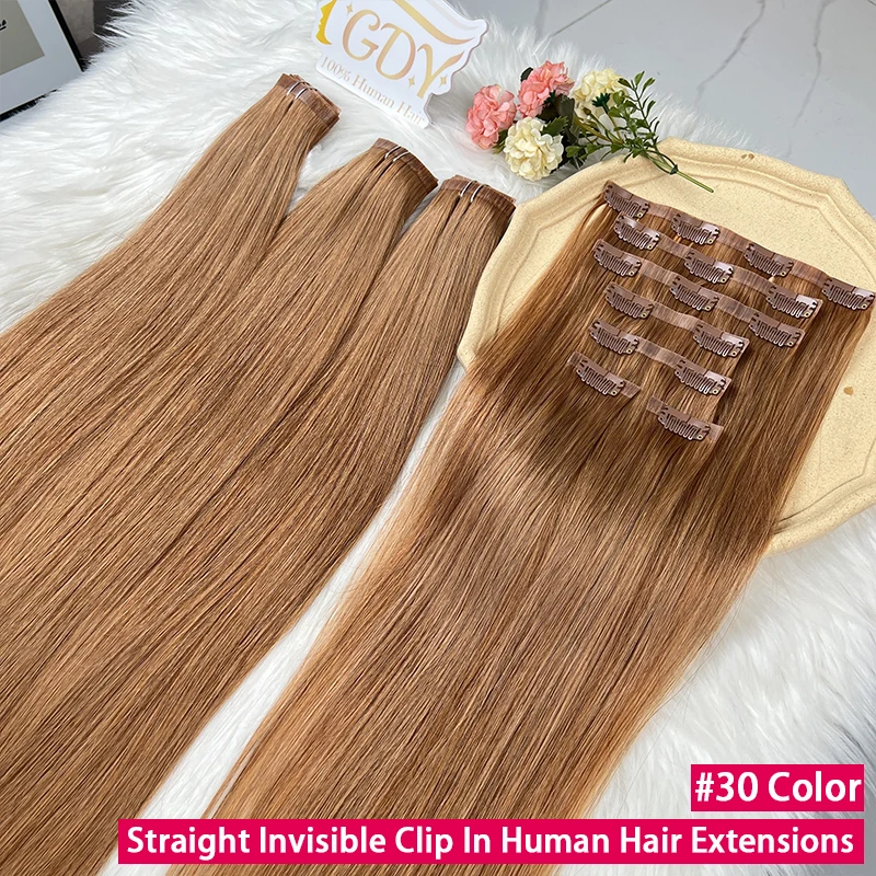 

Straight Hair #30 Invisible Clip in Hair Extensions 100% Raw Virgin Human Hair PU Seamless Double Weft Clip Ins 7Pcs/Set 100g