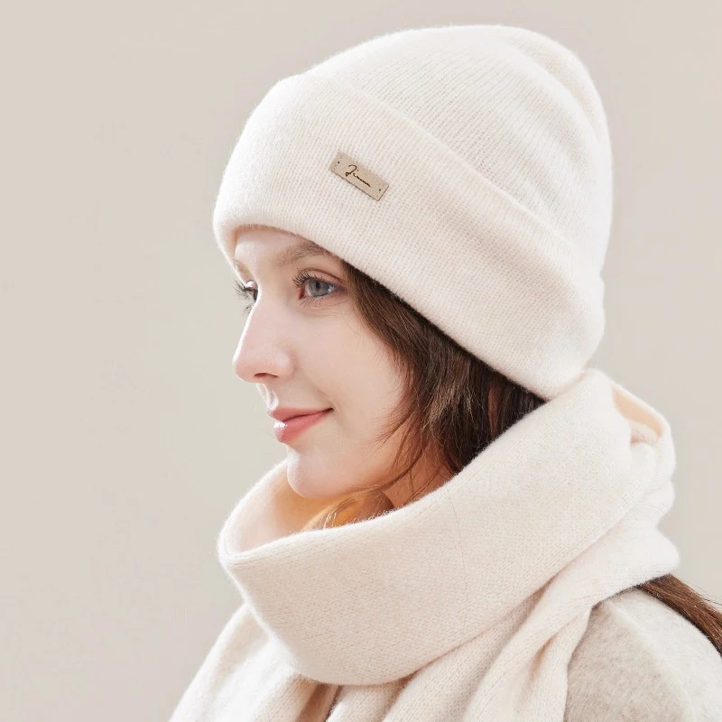Women's 100% Wool Winter Knit Hat Beanie with Fleece Skull Cap Touchscreen Gloves Set Long Neck Scarf Warm Gift Set