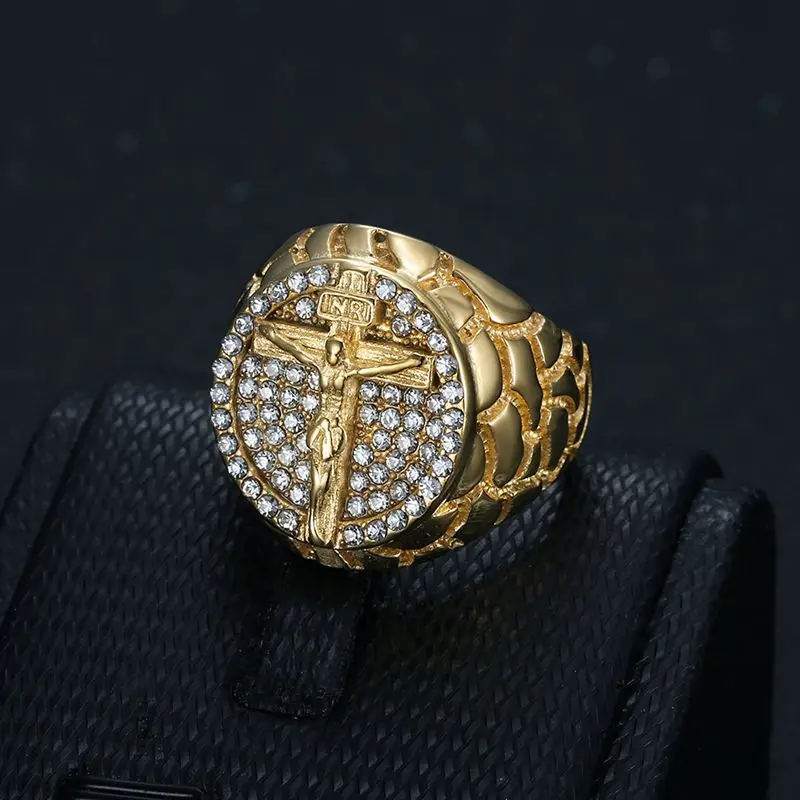 Hip Hop Bling Iced Out Stainless Steel INRI Crucifix JESUS Cross Rings for Men Rapper Jewelry Gold Color Drop Shipping