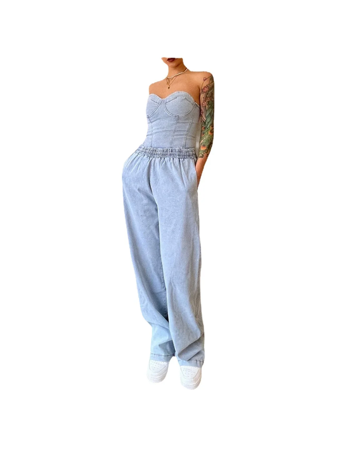 Ensemble de pantalons en denim pour femmes, sans bretelles, dos nu, court, jambe large en Y, pantalon long, taille élastique, coupe couvertes, sexy, 2 pièces