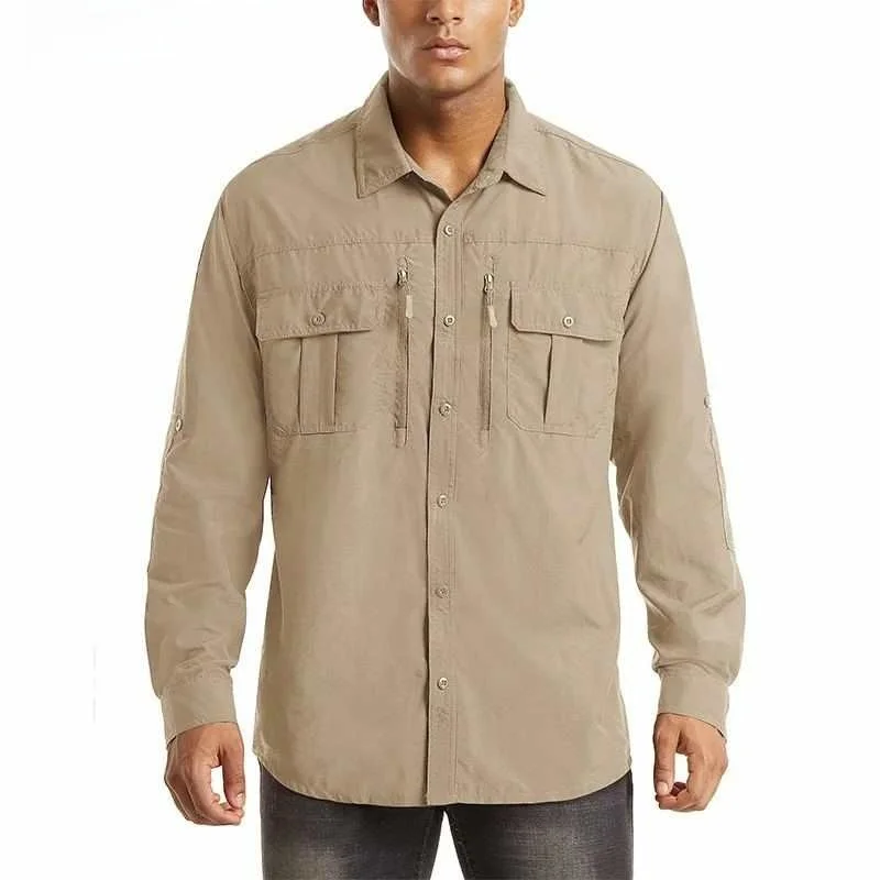 速乾性 メンズ レディース シャツ トップス ポケット付き ハイキング アウトドア ウォーキング 通気性 日焼け防止 長袖 ジッパー開閉 コットン混紡