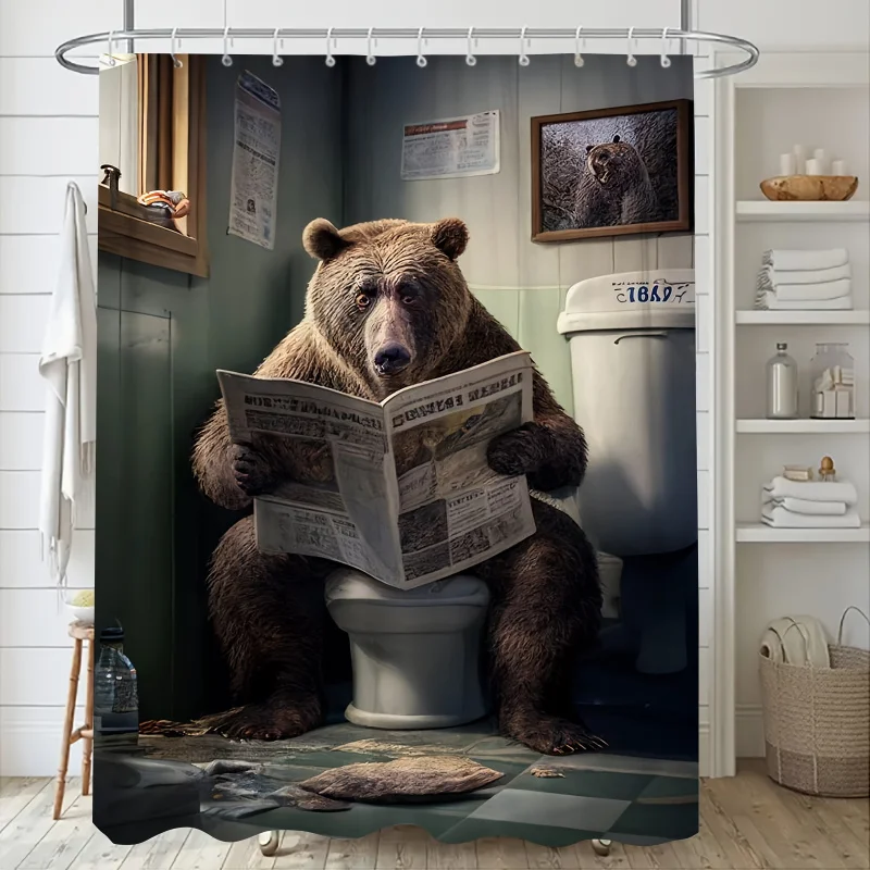 1pc/3pcs/4pcs Toilet Black Bear Reading Newspaper Bathroom Including Shower Curtain, Three- , Four-piece Set