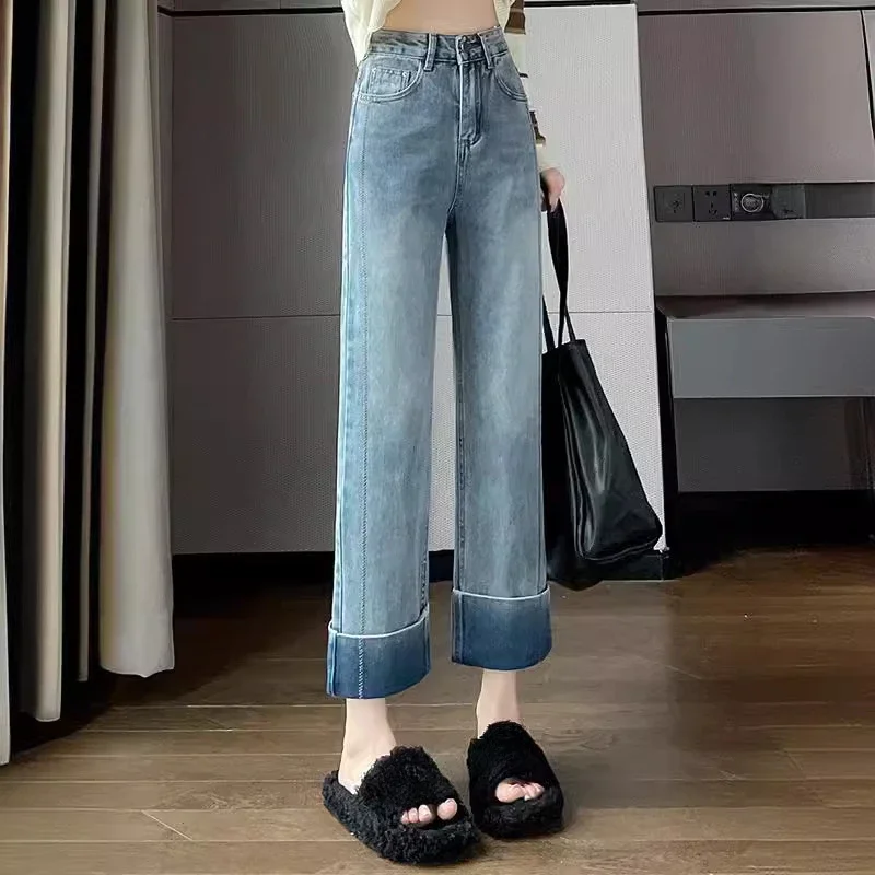 Retro blue flanged wide-leg jeans women's spring new high-waisted and thin straight-leg pants narrow version nine-point pipe