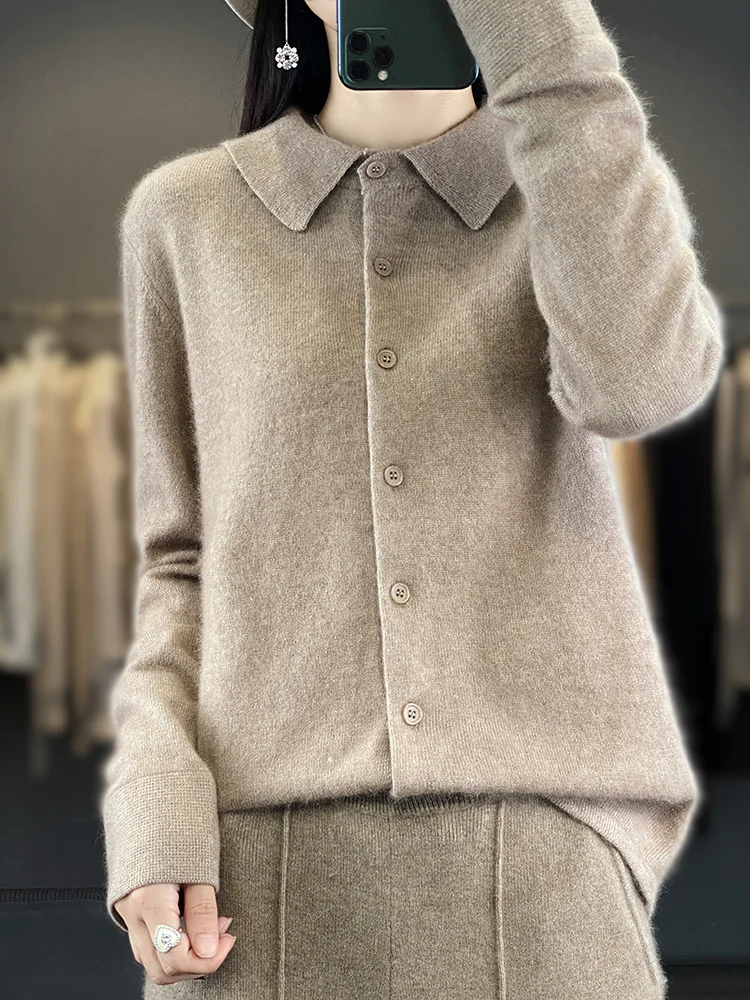 

100% Mink Cashmere Cardigan Women's Sweaters New Autumn Winter Jacket Coat Long Sleeve POLO Collar Tops Female Knitted Shirts