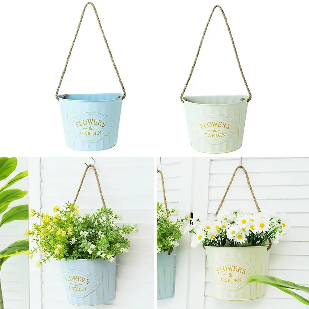 Iron Art Wall Hanging Flowerpot Semi-circle Blue White Flower Basket Home Decoration Balcony Terrace Porch Wall Planter