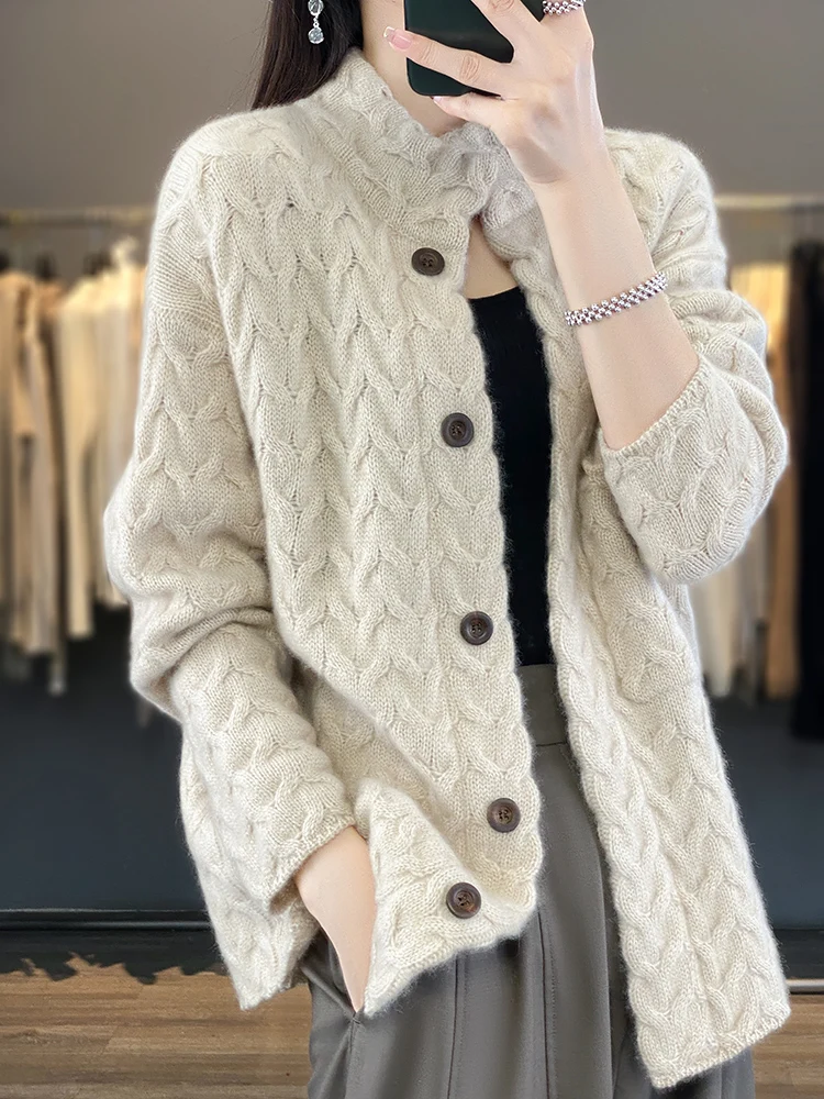 New 100% Merino Wool Women Cardigan Autumn Winter Solid Color Sweater Twist Flower Soft Cashmere Turn down collar Knitted Top