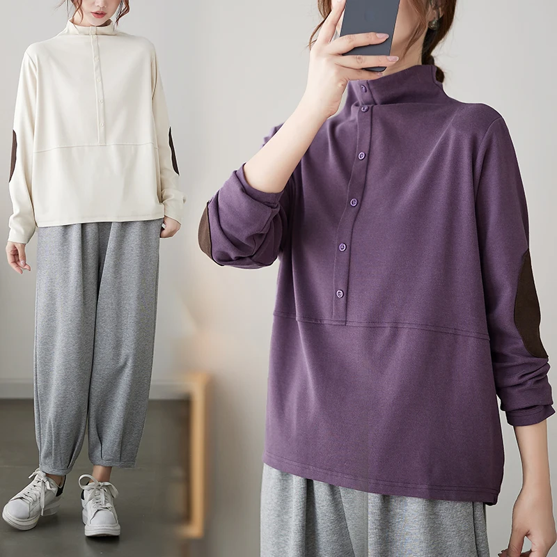 

Korean Sle f High Collar Color Blo Long Sve Women's Sweatirt Autumn Trendy Patchwork Slimming Versatile Top