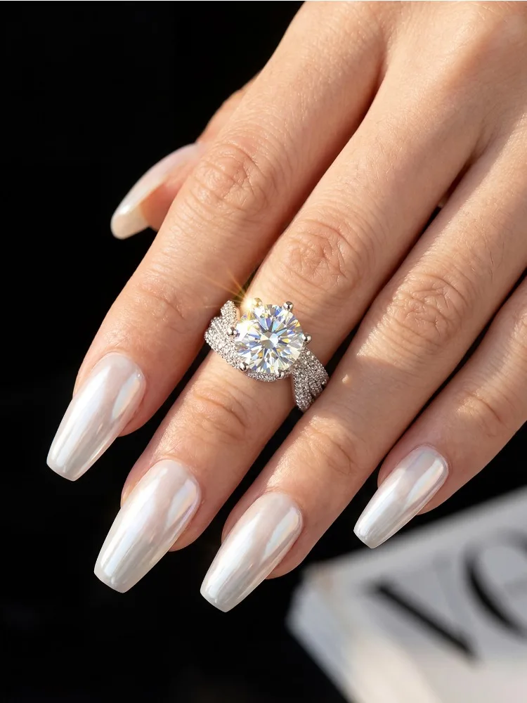 Luxuriöse 5CT Funkelnde Große Moissanit-Diamantringe für Damen, Prachtvolle Dreireihige Zirkon Echte 925 Silber Hochzeits-Feinjuwelen – Detail 3
