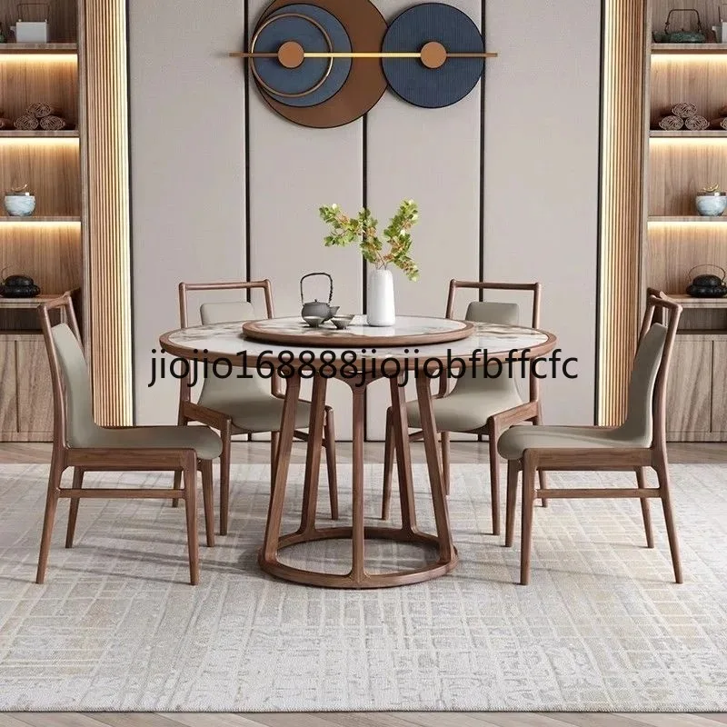Suitable for  New Chinese black walnut modern home rock slab round dining table and chair combination round table