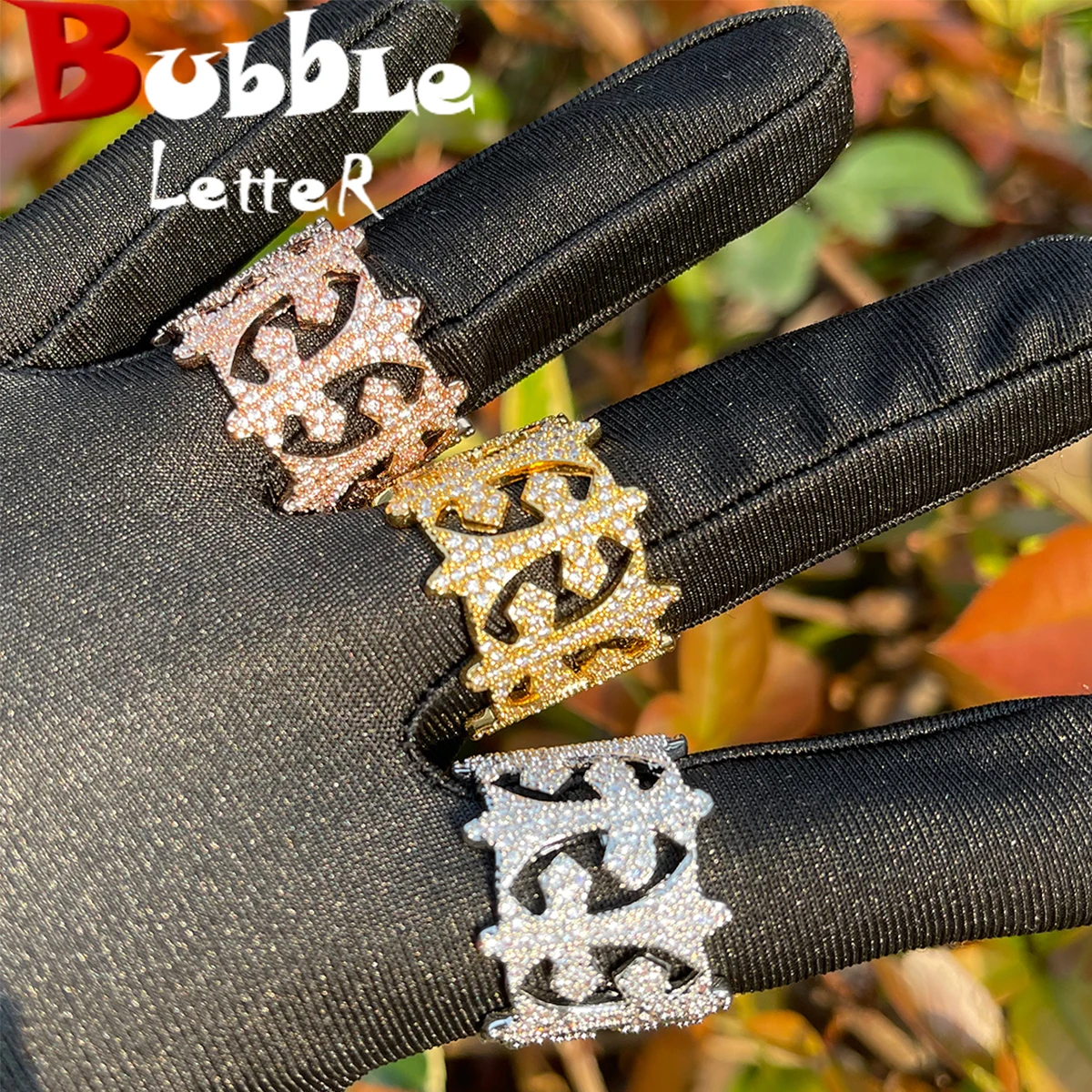 

Bubble Letter Iced Out Cross Ring for Men Micro Pave Real Copper Gold Plated Hip Hop Fashion Jewelry