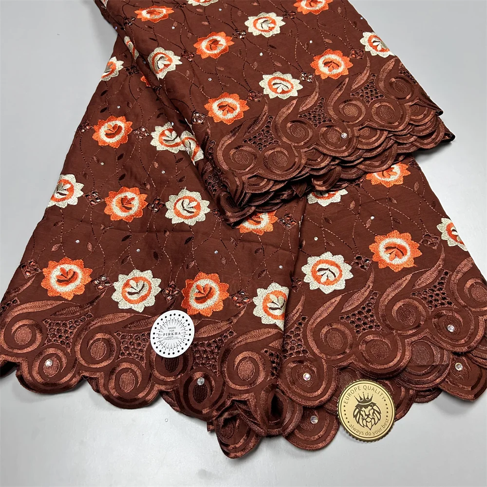 5Yards Brown Cotton Lace Fabric with Stones Lafaya High Quality African Swiss Voile Lace Fabric For Sewing Woman Party Dresses