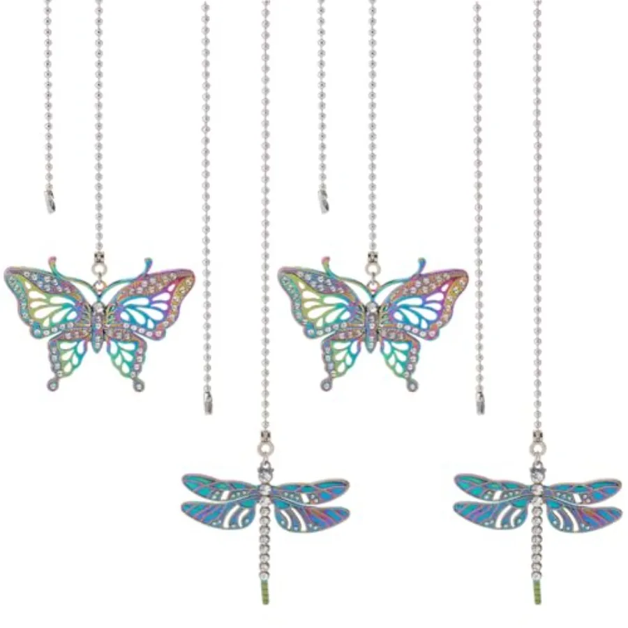 4Pcs Butterfly and Dragonfly Alloy Ceiling Fan Pull Chain Extenders, Retro Rainbow Ceiling Fan Extension with Steel Ball Chain