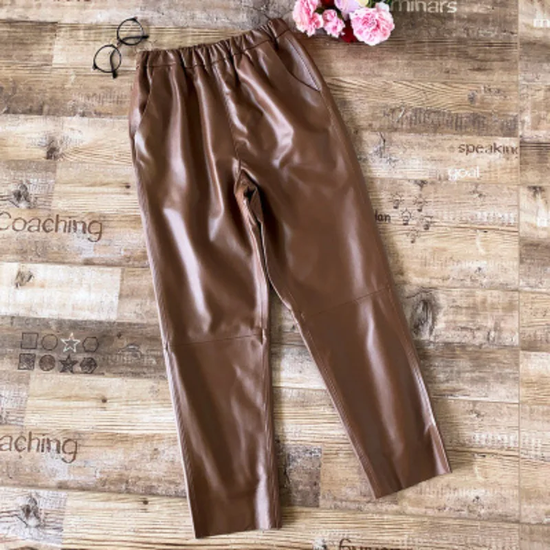 AW New High-end Nine-point Black Straight Pants Women\'s Genuine Leather 100% Sheepskin Casual Pants Urban Elegance Commuting