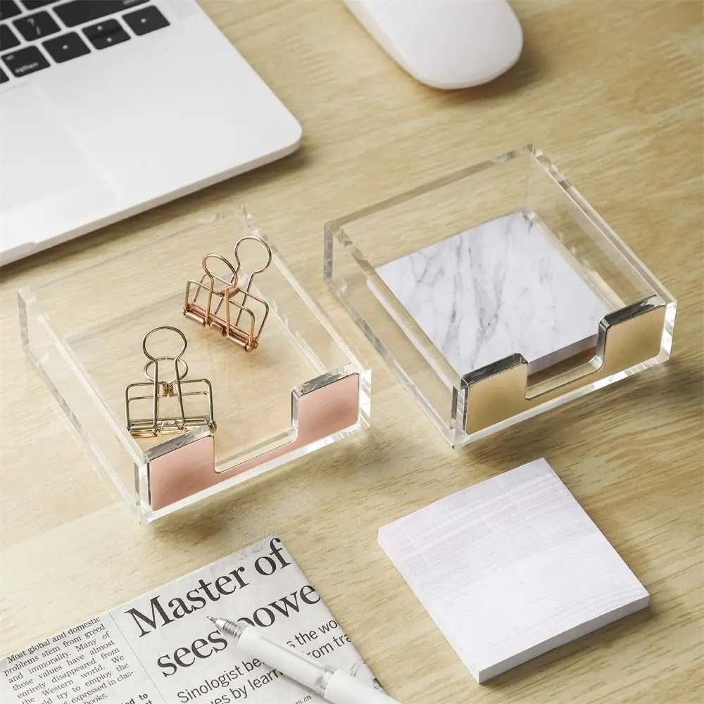 School Supplies Acrylic Sticky Notes Box Clear Note Sheets Memo Pad Holder Transparent Rose Gold Notepads Organizer Students