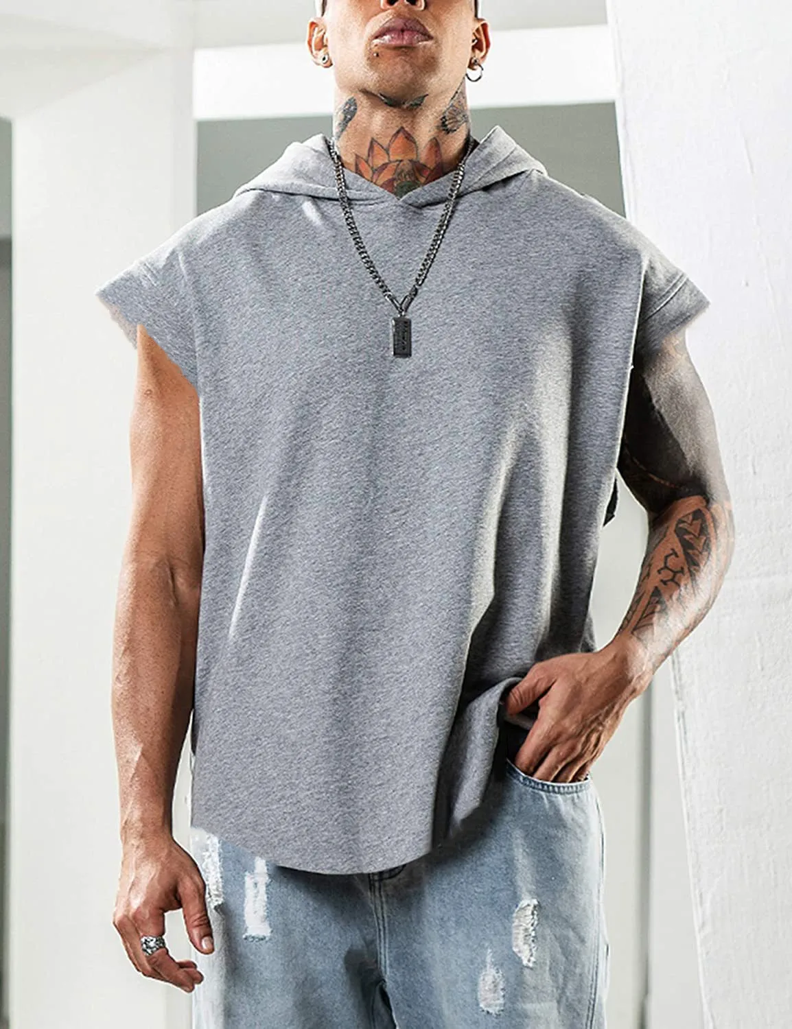 2023 Hooded Solid Color New Men\'s Casual Pullover Sports Men\'s T-shirt Sleeveless Men\'s Waistcoat Loose