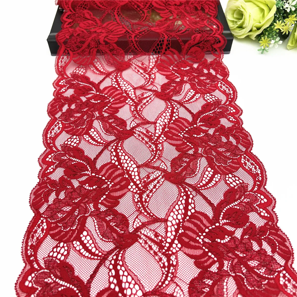 3y/lot Width 23cm Red Shiny Wedding Elastic Stretch Lace Trim Skirt Hem For Clothing Accessories Lingerie Dress Sewing Lace