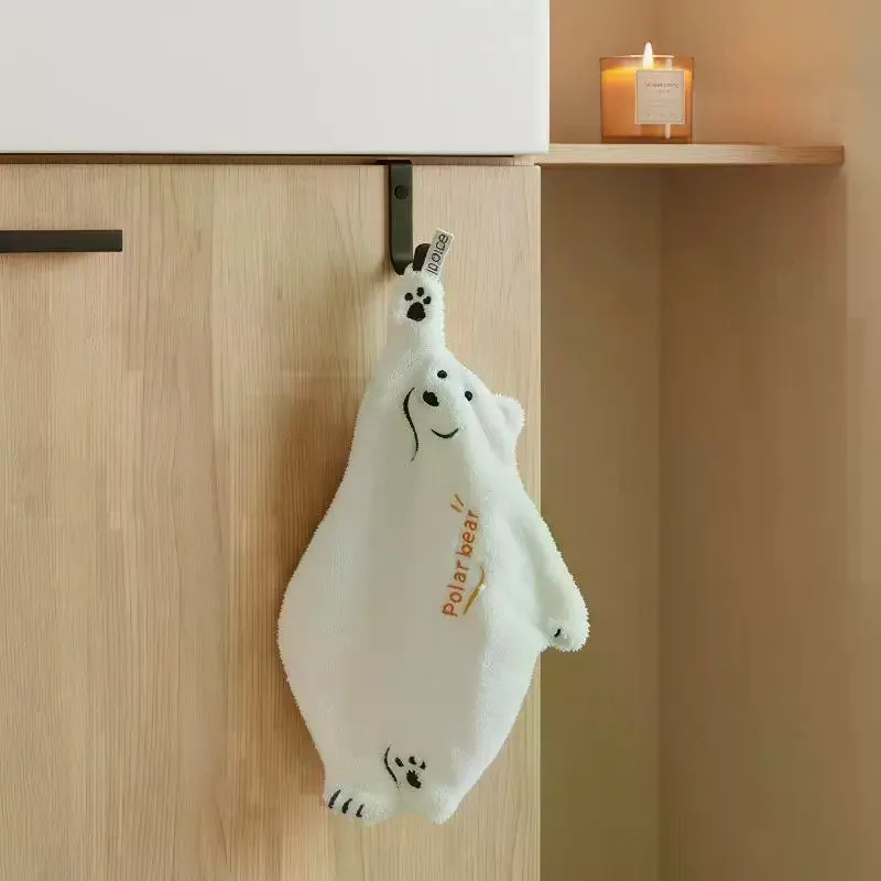 Fotografia 4: Toalha de Cozinha Super Absorvente em Fleece Coral com Design de Urso Polar, Prática para Pendurar