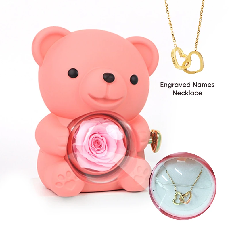 Preserved Red Rose Lovely Bear Jewelry Gift Box with Necklace for Women Mom Wife Girlfriend Valentines Day Mothers Day Christmas