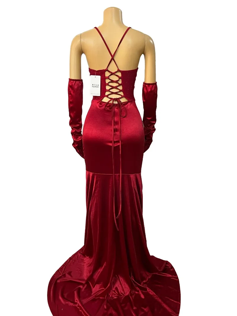 Diamonds Corset Floor-length Evening Party Dresses with Gloves Women Sexy V-neck Lace Up Halter Backless Bodycon Birthday Robe