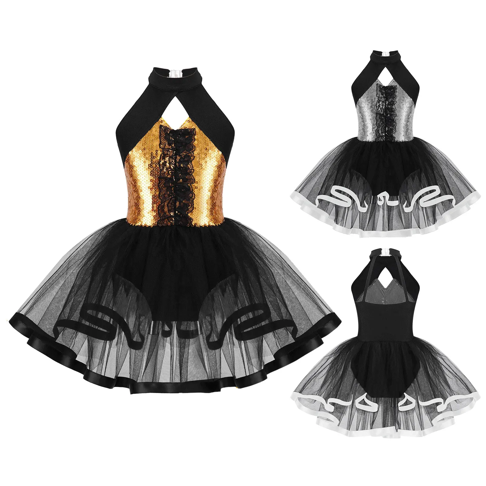 

Jazz Ballet Dance Leotard Dress Kids Girls Sleeveless Shiny Sequins Ruffle Lace Hollow Back Tutu Mesh Dress Ballerina Dancewear