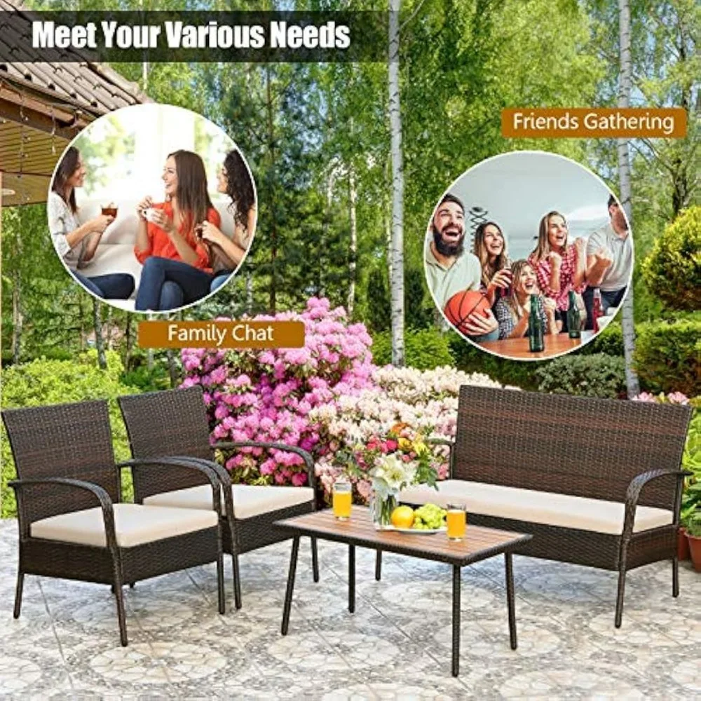 4PCS Patio Rattan Furniture Set Outdoor Conversation Set Coffee Table w/Cushions