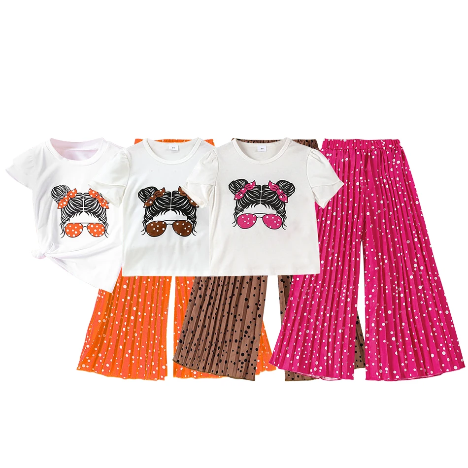 Girls Summer Set New Cartoon Avatar Short Sleeve Wave Fold Design Wave Dot Wide Leg Pants Casual Two Piece Children Clothes Set