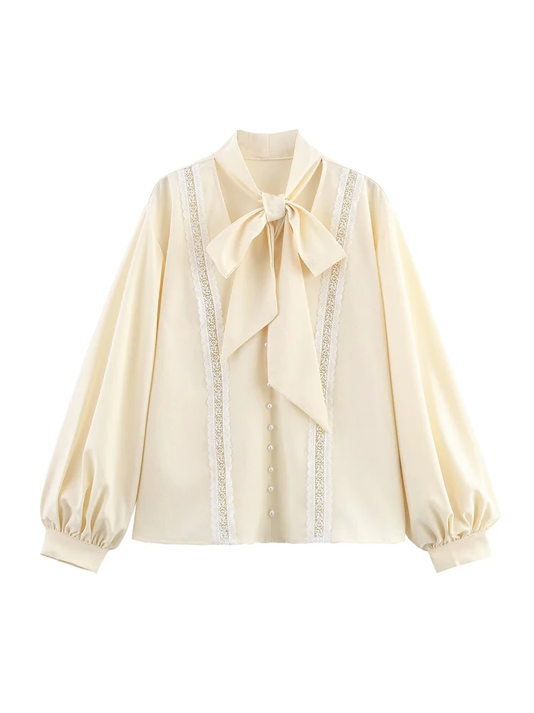 

New European and American style women's clothing, fashionable and versatile, lace-trimmed lantern sleeve long-sleeved shirt