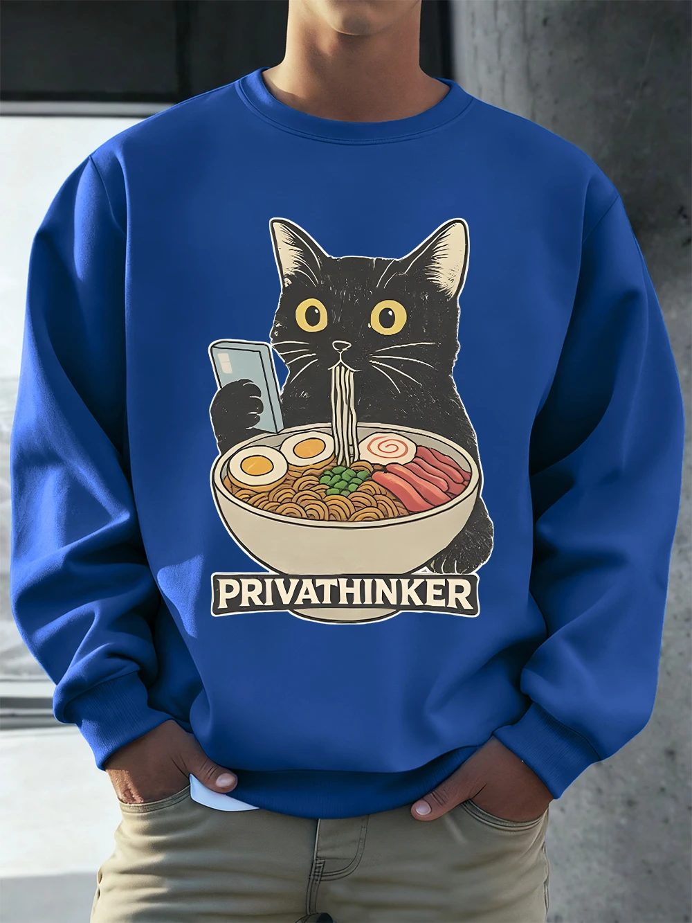 

Мужская толстовка Privathinker Black Cat Eat Noodles Prints, зимняя, свободного кроя, с круглым вырезом, флисовая, теплая, базовая, мужская одежда