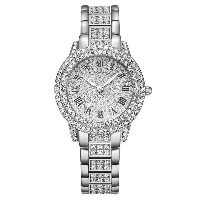 Elegant Women Electronic Watch Rose Gold Roman Numerals Full Diamond Quartz Watch Wholesale
