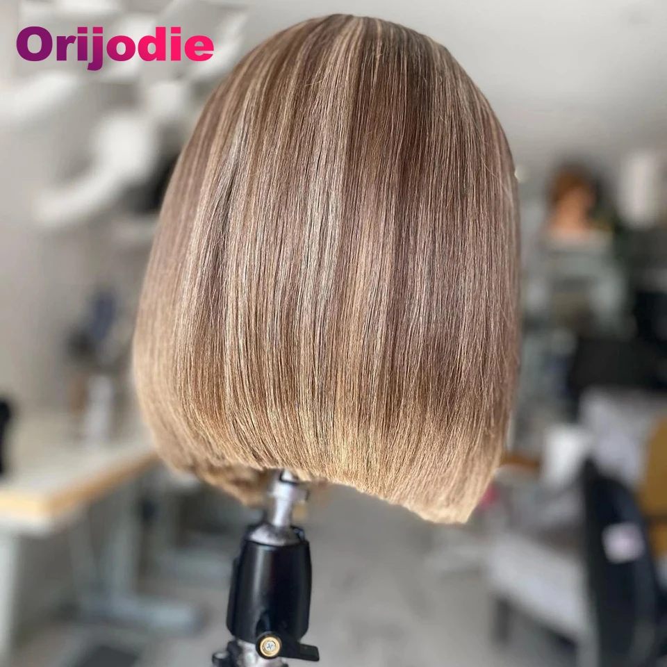 Transparent 13x4 Full Lace Frontal Short Bob Wig Ash Blonde Highlights Straight Human Hair Bob Wigs for Women Pre Plucked 180%