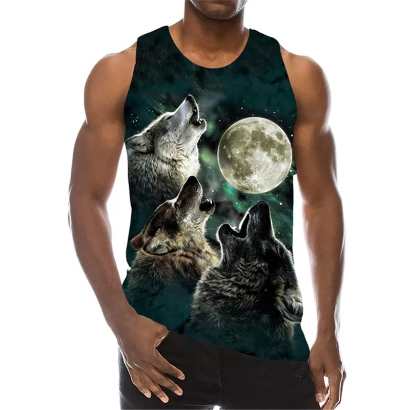 Animal Wolf Pattern Tanks Tops Sleeveless Round-Neck Street Style 3D Print Vest 6XL Plus Size Man Clothing Loose Casual Top