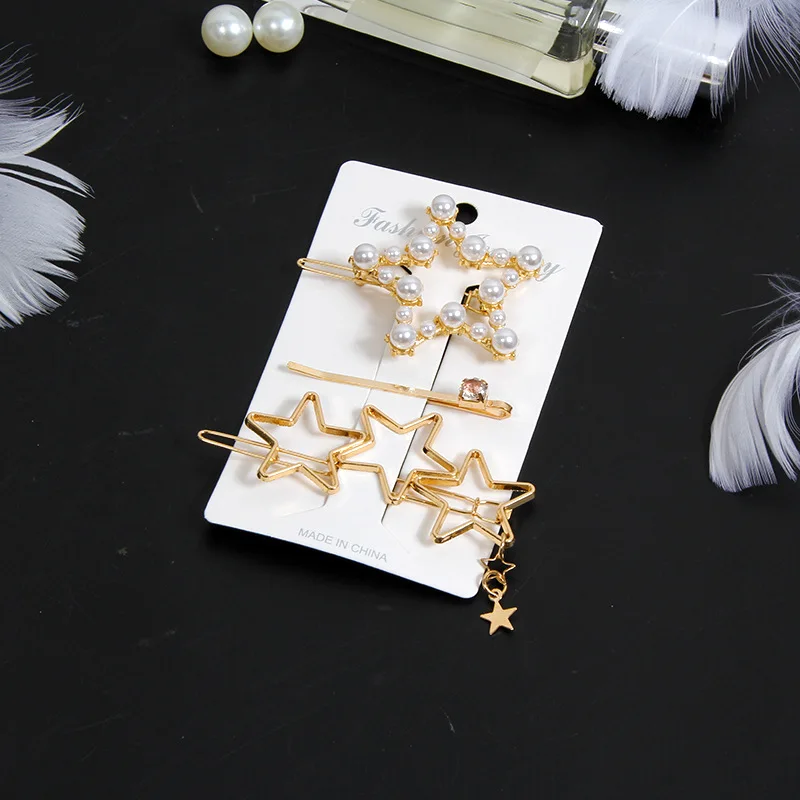 3pcs/set Pearl Alloy Hair Clip Hollow Out Metal Golden Hairpin Non-slip Geometry Barrette Hair Accessories For Women Girls