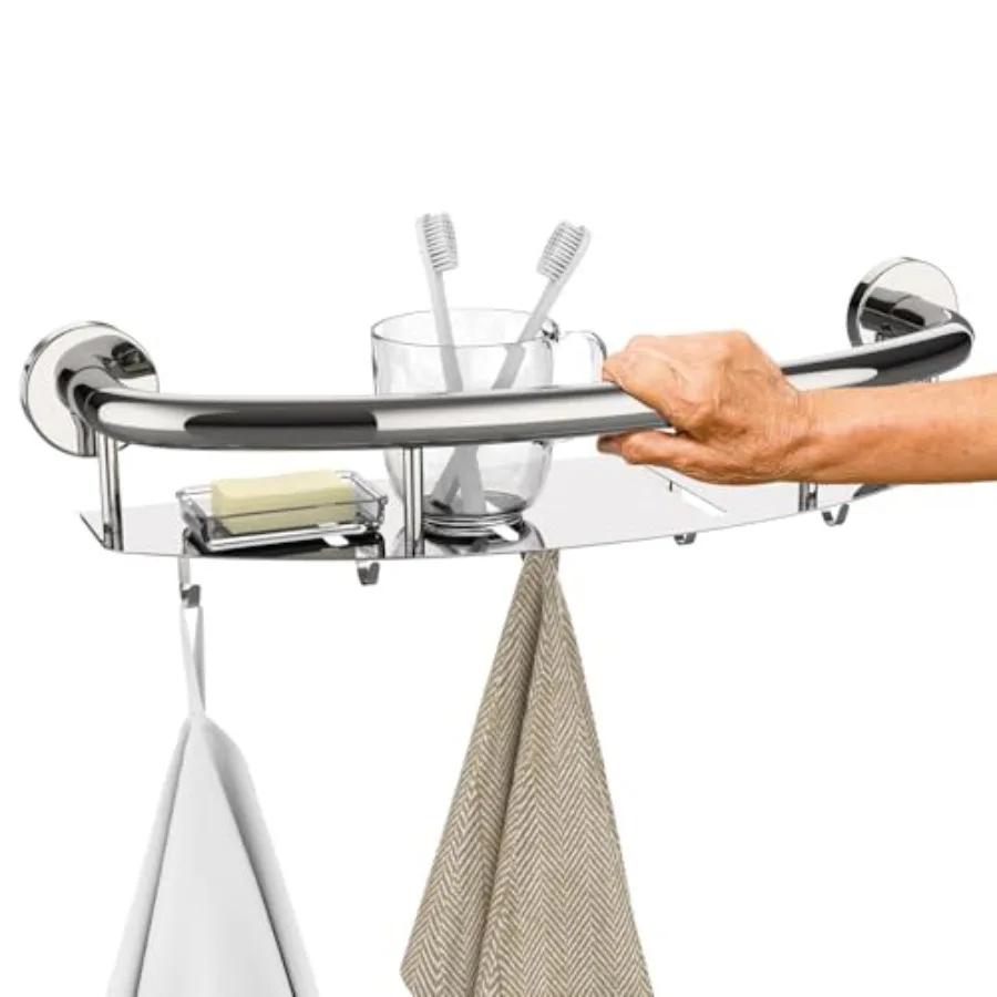 

Поручень для душа 18 дюймов с полкой для хранения, хромированный, из нержавеющей стали, 2-в-1: поручень и опора для ванной комнаты для пожилых людей