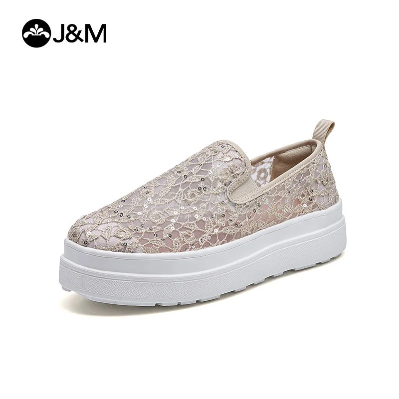 

2026 J&M White Shoes Fashion Summer Mesh Flower Loafers 4cm Platform Breathable Rubber Espadrille Slip-On Casual Shoes Sneakers