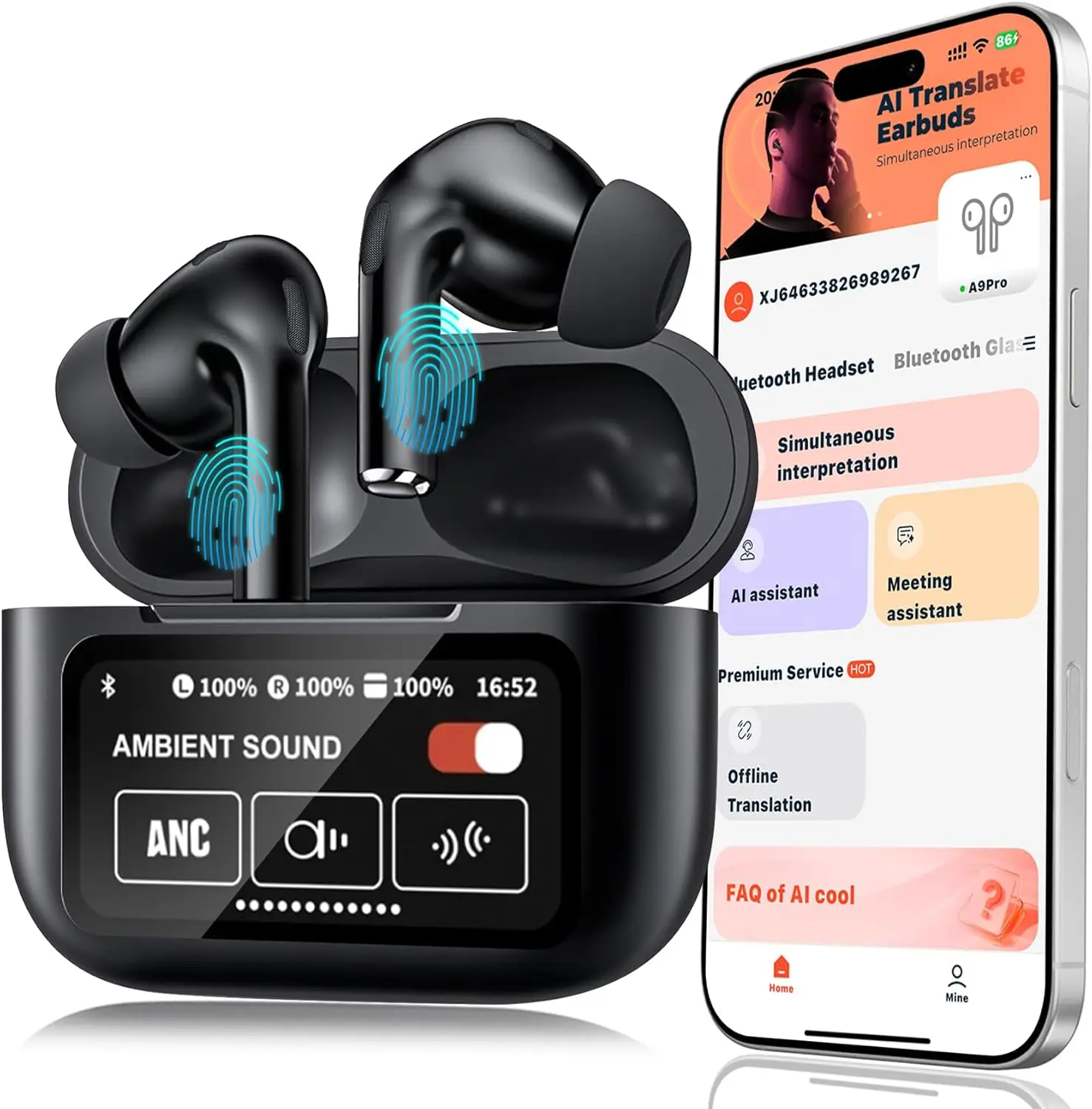 UYUXIO TWS AI Languages Translator Earbuds with Screen Real Time Translation Earphone with 144 Languages Noise Cancel Ear Buds