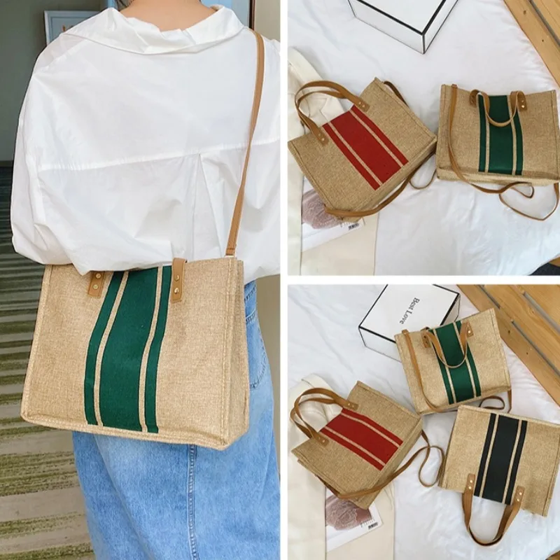 Simple Canvas Stripe Decor Bucket Handbags Women Top Handle Tote Bag Large Capacity Casual Shoulder Crossbody Bags
