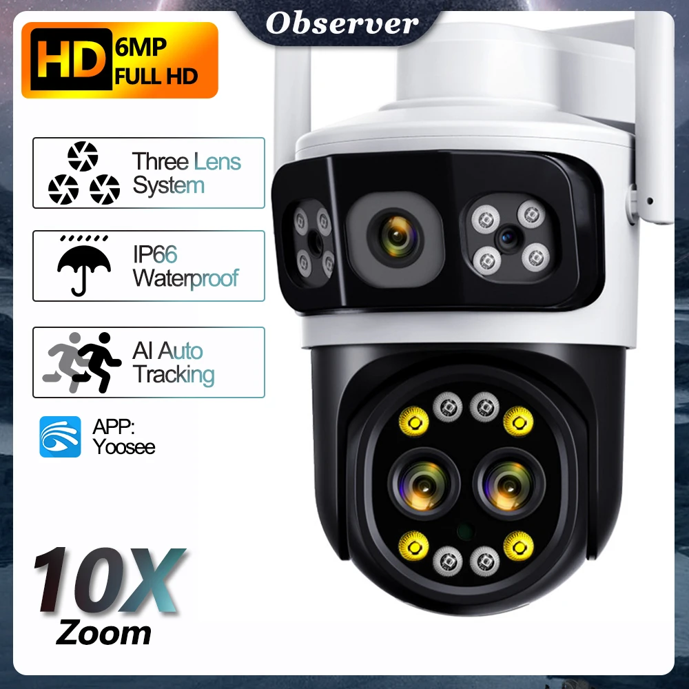 

Outdoor 10X Zoom WIFI Security Camera 3 Lens 3 Screens IR Night Vision CCTV Motion Detection 6MP Auto Tracking Wireless IP Cam