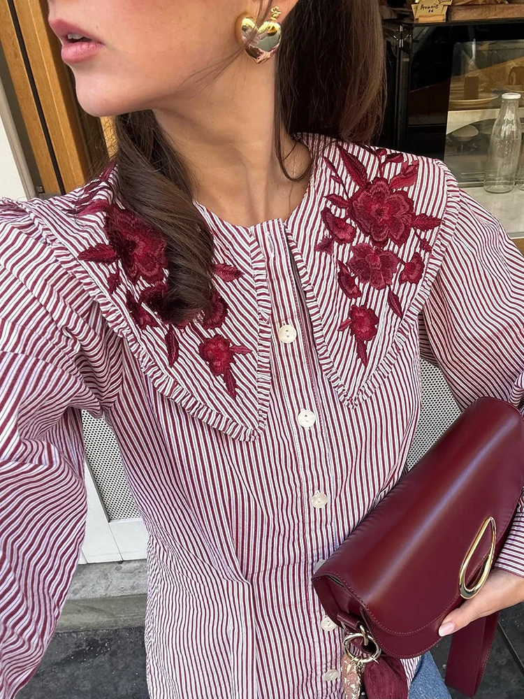 Besticktes Karohemd mit Taillenschnürung für Damen, Elegante Bluse mit Revers, Langen Ärmeln und Einreihiger Knopfleiste, Schlanke Passform, Neue Bürodamen-Partykleidung – Detail 10