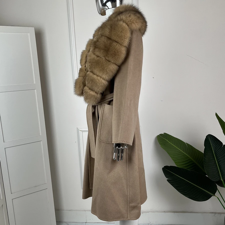 

Новое кашемировое пальто для женщин: длинная куртка из шерстяной смеси с отделкой из натурального лисьего меха, новая модная роскошная теплая зимняя куртка